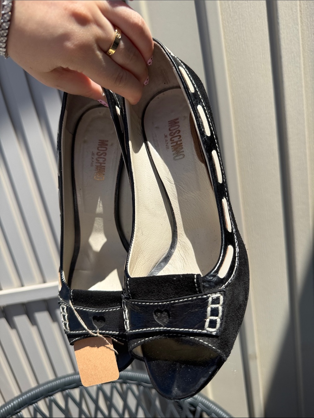 Moschino Jeans Black Suede Peep-Toe Women's Heels with Contrast Trim - Picture 2 of 9